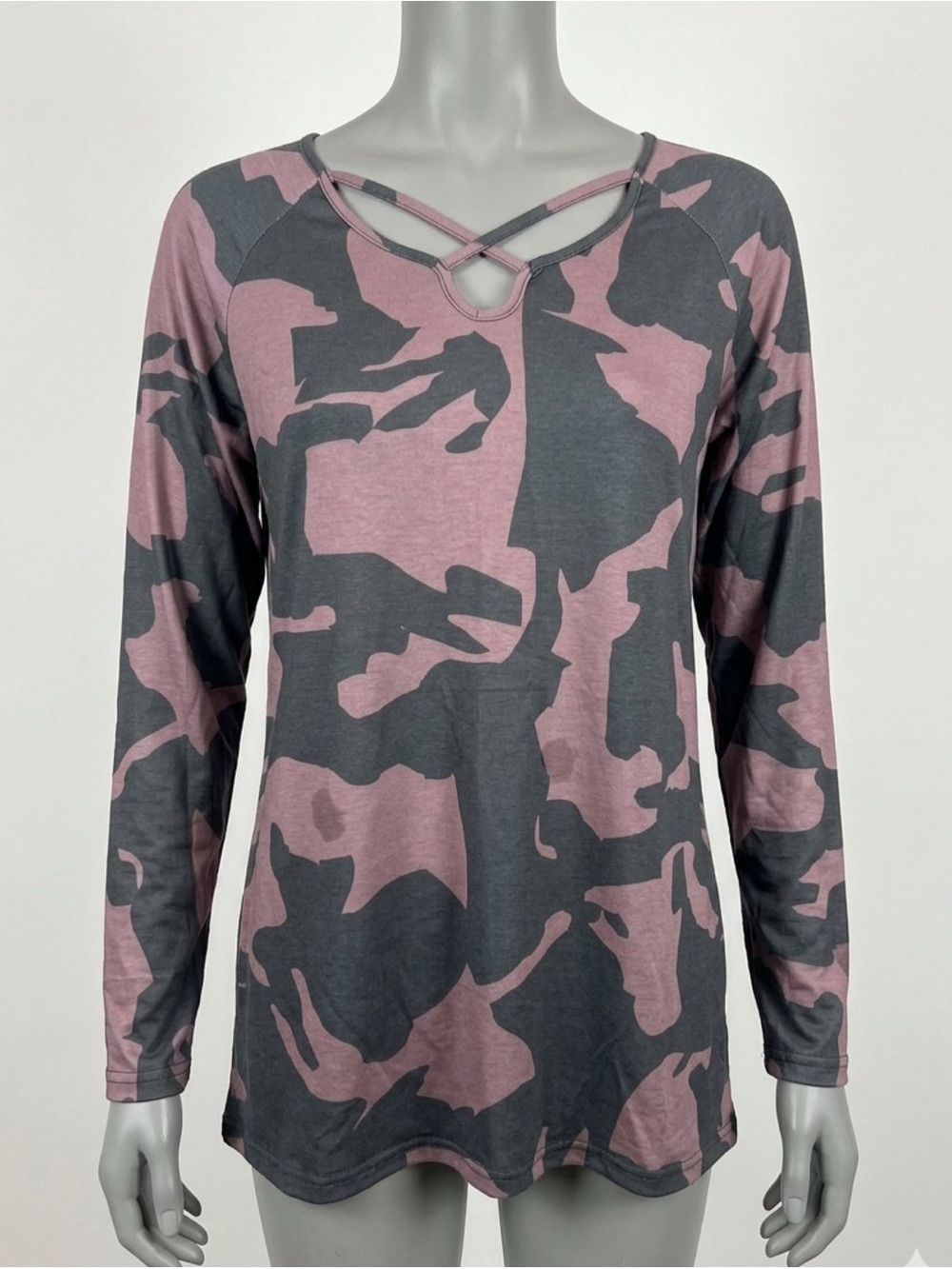 Crisscross Camo Long Sleeve Top - Pink & Gray